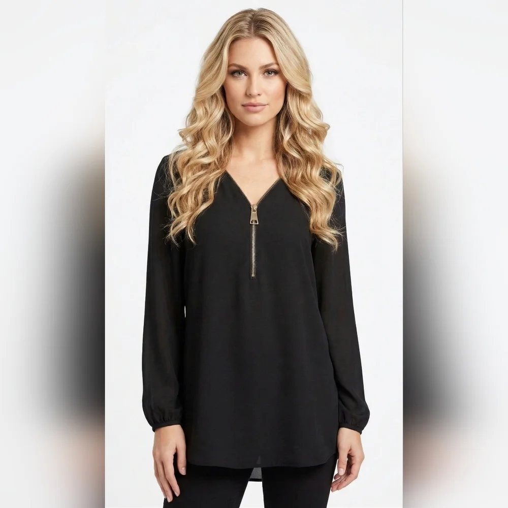 Carmen Marc Valvo Black V-Neck Zip-Front Long Sleeve Blouse Size 1X - Picture 1 of 10